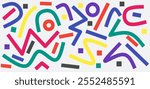 Colorful abstract pattern with curved lines and geometric shapes in Memphis style. Fun, retro design perfect for backgrounds, packaging, kids
