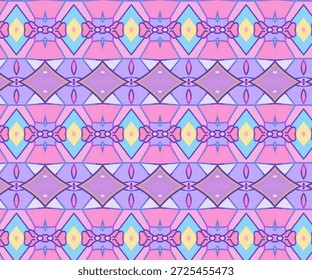Padrão abstrato colorido com textura geométrica pastel com simetria repetitiva, ideal para têxteis, embalagens, design de moda e fundos decorativos.