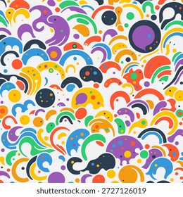 Patrón abstracto colorido que presenta Formas orgánicas juguetonas, curvas fluidas, puntos y formas dinámicas sobre un fondo blanco. Ideal para Fondos de pantalla, diseño textil, estampados de telas, marcas, empaques, carteles, fondos de Web y proyectos creativos modernos
