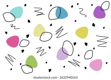 Colorful abstract pattern featuring shapes and lines in various colors on a white background
