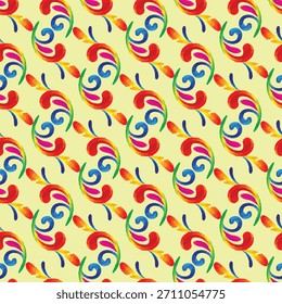 Colorful abstract pattern featuring swirling motifs in vibrant hues on a soft yellow background.