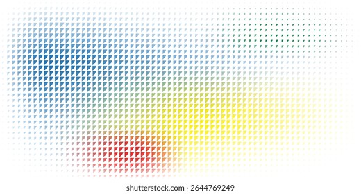 Colorful abstract pattern featuring triangular shapes arranged in a gradient, blending warm and cool tones, creating a dynamic and modern geometrical background.