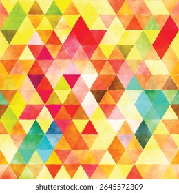 A colorful abstract pattern featuring various triangles in vibrant hues, resembling a watercolor painting.