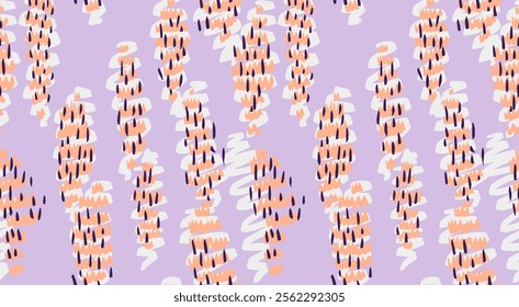 Colorful abstract pattern featuring vertical organic shapes on a purple violet background. Plain unique hand drawn print. Perfect for textiles, stationery, modern interiors, and creative designs