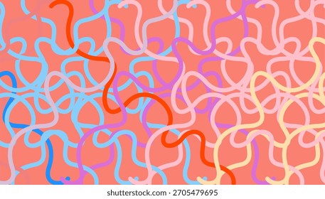 Un patrón abstracto colorido con líneas fluidas entrelazadas en tonos rojo, azul, rosa y melocotón.