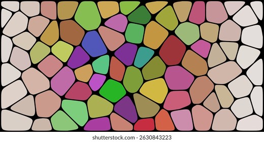 Colorful abstract pattern of irregular shapes outlined by black lines, resembling a vibrant mosaic or stained glass artwork.

