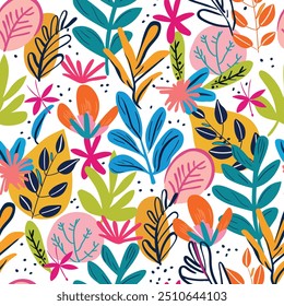 Colorful abstract pattern of leaves and flowers in a modern playful style. Ideal for fabric design, stationery, wallpaper and digital backgrounds. Bright and lively shades on a white background.