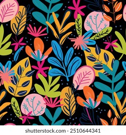 Padrão abstrato colorido de folhas e flores em um estilo divertido moderno. Ideal para design de tecido, papelaria, papel de parede e fundos digitais. Óculos brilhantes e vivos em um fundo escuro.