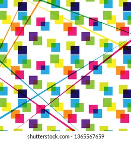 Colorful abstract pattern of multi-colored overlapping squares and intersecting lines