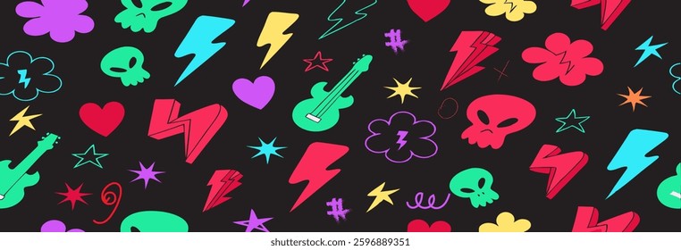 Colorful Abstract Pattern With Music and Fun Emojis on Black Background.