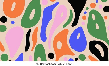 Colorful abstract pattern on beige background. Liquid organic shapes and elements. Fluid dynamical colored forms banner. Contemporary art vector illustration.