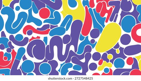 Padrão abstrato colorido com formas fluidas orgânicas e cores vibrantes arrojadas. Design de fundo divertido moderno adequado para papéis de parede, têxteis, impressões de tecido, papel de embalagem, marca, embalagem, cartazes e projetos digitais. Estilo de arte abstrata contemporânea com potencial de repetição sem costura.