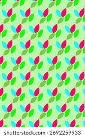 Patrón abstracto colorido con Elementos florales repetitivos sobre un fondo verde claro.