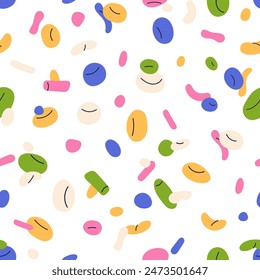 Colorful abstract pattern, seamless background. Playful confetti texture, festive party design. Decorative endless multicolored print for creative textile, fabric, wrapping. Flat vector illustration
