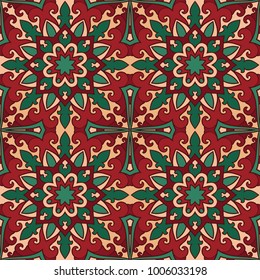 Colorful abstract pattern. Vector red and green background. Oriental ethnic ornament. Template for textile, carpet, shawl.