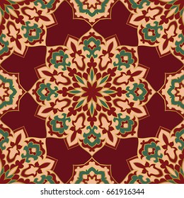 Colorful abstract pattern. Vector red and green background. Oriental ethnic ornament. Template for textile, carpet, shawl.