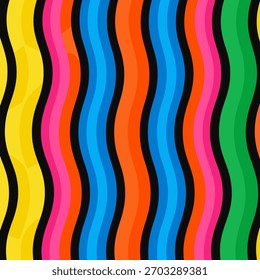 A colorful, abstract pattern of vertical wavy lines. Represents a groovy, retro 70s background.