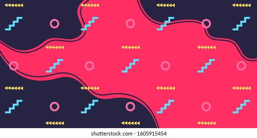 Colorful Abstract Pattern with Wave Background. Memphis Style. Zigzag Circle Curve