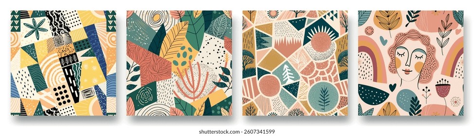 Colorful abstract patterns and designs featuring botanical elements and geometric shapes