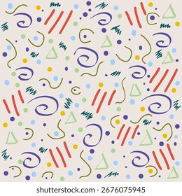 Colorful Abstract Patterns with Doodles and Geometric shapes on Beige Background Vector Illustration