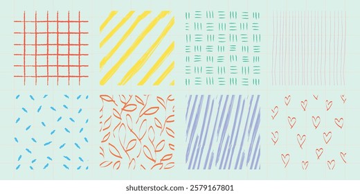 Colorful abstract patterns in grid layout. Patterns include lines, hearts, and leaves. Vibrant patterns with red, yellow, blue, and green colors. Doodle element isolated vector set.