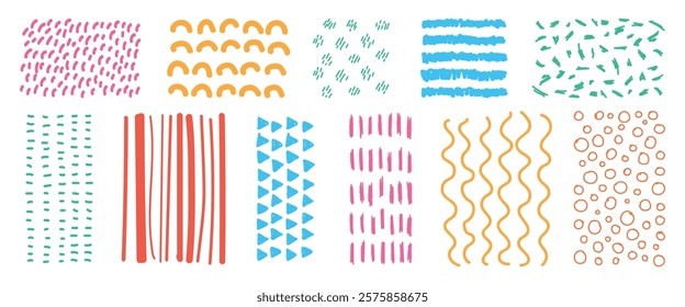 Colorful abstract patterns with lines, dots, and shapes. Patterns feature vibrant colors and abstract designs. Perfect for abstract art lovers. Doodle illustrations, vector set.