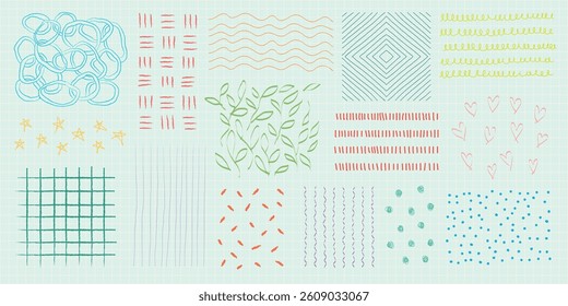 Colorful abstract patterns with lines, dots, and shapes. Patterns include stars, hearts, and leaves. Vibrant patterns on a light background. Doodle element isolated vector set.