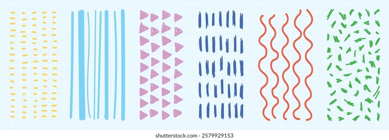 Colorful abstract patterns with lines, triangles, and waves. Vibrant lines, triangles, and waves create dynamic patterns. Playful lines, triangles, and waves. Doodle illustrations, vector set.