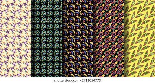 Padrões abstratos coloridos mostrando designs vibrantes e detalhes intrincados.