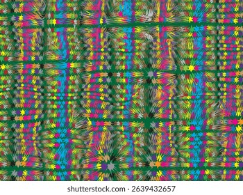 Colorful abstract patterns are spread across the image, forming a kind of explosion or splash effect