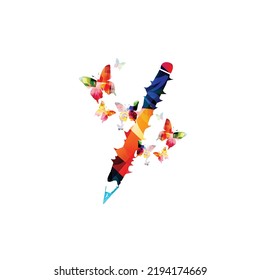 Colorful Abstract Pencil With Butterflies Isolated Vector Illustration. Creative Writing Concept