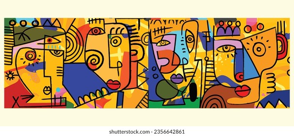 Colorful abstract people face portraits as a cubism geometric and creative shapes vector illustration wall art.