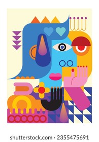 Colorful abstract person face with geometric, shapes, art vector illustration. Portrait people design for cards, cover, poster, wall art and prints.