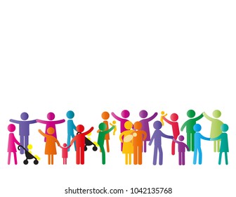 Colorful abstract pictograms showing figures happy and loving family - parents, kids, couples.