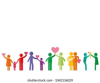 Colorful abstract pictograms showing figures happy and loving family - parents, kids, couples.