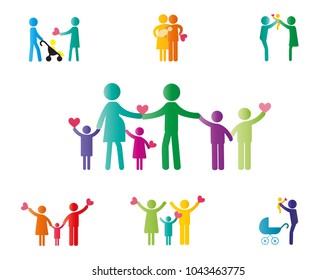 Colorful abstract pictograms showing figures happy and loving family - parents, baby, kids, couples.