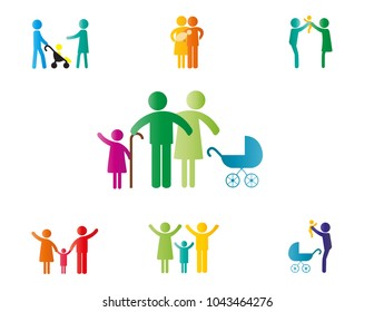 Colorful abstract pictograms showing figures happy and loving family - parents, baby, kids, couples.