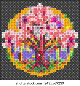 Árbol pixelado abstracto colorido sobre fondo circular