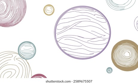 Colorful abstract planets in space. Circular shapes with unique line patterns. Astronomy, education, and futuristic design concept. Minimalist hand-drawn digital illustration on a white background