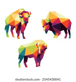 Colorido Vector Abstractas del polígono del bisonte. Colección de bisonte enojado en la ilustración baja poli colorida. Colorido Angry Bison Abstractas Logo para Niños Animal Book