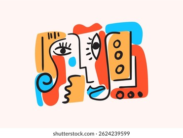 Colorful abstract portraits in cubism-pop art style, featuring bold lines, geometric shapes, expressive eyes, and symbolic human faces.