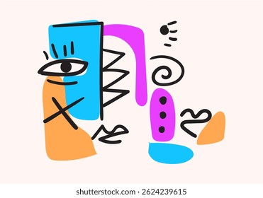 Colorful abstract portraits in cubism-pop art style, featuring bold lines, geometric shapes, expressive eyes, and symbolic human faces.