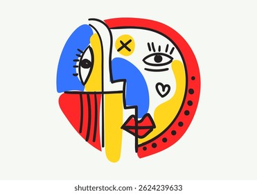 Colorful abstract portraits in cubism-pop art style, featuring bold lines, geometric shapes, expressive eyes, and symbolic human faces.