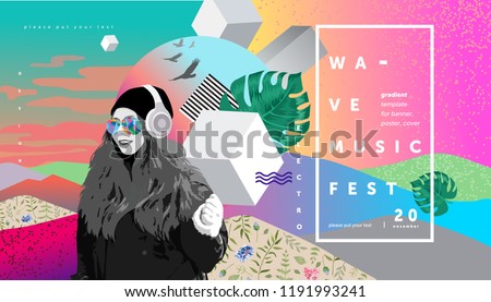 Colorful abstract  poster and cover design, electronic music festival banner with abstract gradient, vector psychedelic background for  flyer or brochure, illustration of a girl who listen to music 