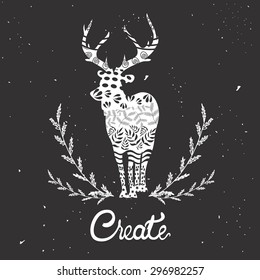 Colorful abstract poster with deer silhouette and floral twigs. Different patterns inside. Create concept. Inspirational vector typography illustration.
