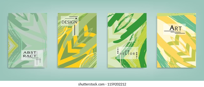 Colorful abstract poster, header, cover design. Digital watercolor brush strokes grunge texture, Minimal geometric pattern. Collage flyer, brochure, booklet page template, vector illustration set