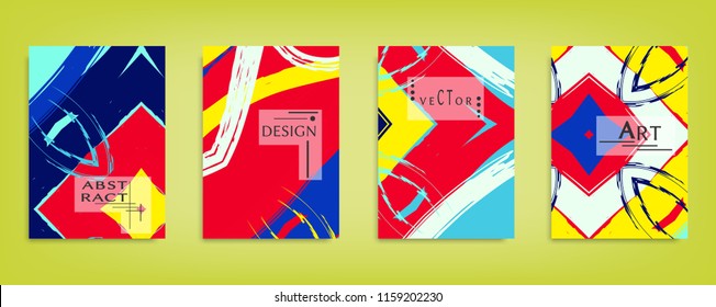 Colorful abstract poster, header, cover design. Digital watercolor brush strokes grunge texture, Minimal geometric pattern. Collage flyer, brochure, booklet page template, vector illustration set