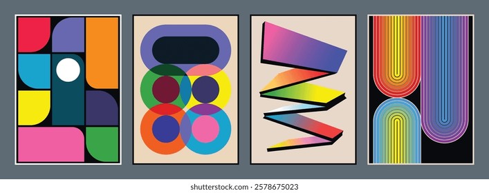 Colorful Abstract Poster Set, Perspective and Gradients. Vector Templates for Abstract Placards, Illustrations. Covers, Invitations