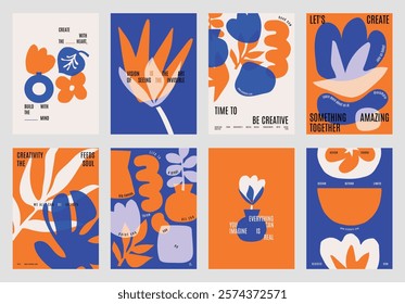 Colorful abstract posters with bold orange and blue shapes. Creative designs with floral and geometric patterns. Inspirational and artistic layouts. Blue and orange vector posters.