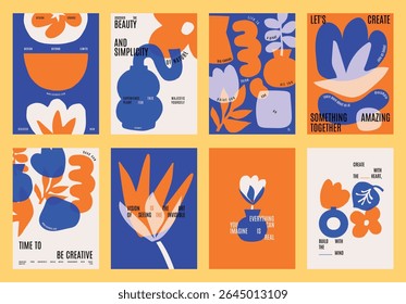 Colorful abstract posters with bold shapes and text. Vibrant orange and blue designs. Creative and artistic layouts. Modern and eye-catching graphics. Blue and orange vector posters.